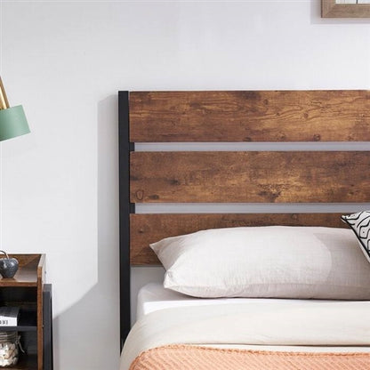 Brown Rustic Industrial Platform Bed Frame Wood Slatted Headboard and Footboard