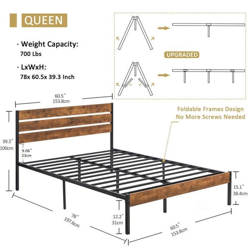 Brown Rustic Industrial Platform Bed Frame Wood Slatted Headboard and Footboard