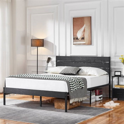 Black Rustic Industrial Platform Bed Frame Wood Slatted Headboard and Footboard