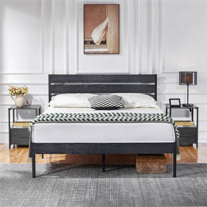 Black Rustic Industrial Platform Bed Frame Wood Slatted Headboard and Footboard