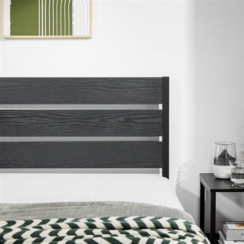 Black Rustic Industrial Platform Bed Frame Wood Slatted Headboard and Footboard