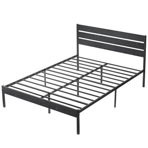 Black Rustic Industrial Platform Bed Frame Wood Slatted Headboard and Footboard