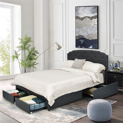 Grey Linen Adjustable Headboard 4 Drawer Storage Platform Bed