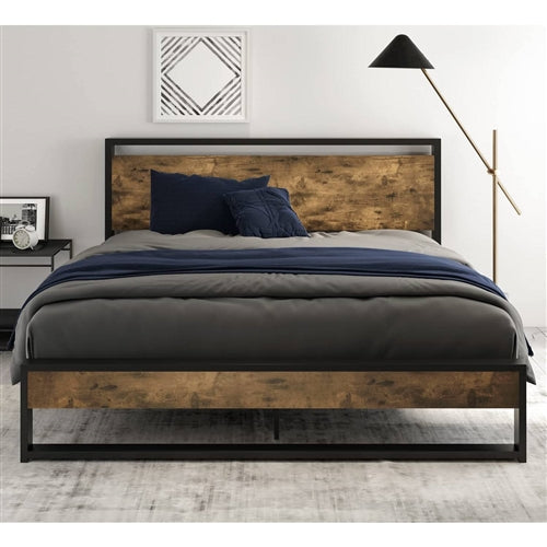 Metal Wood Platform Bed Frame with Industrial Headboard