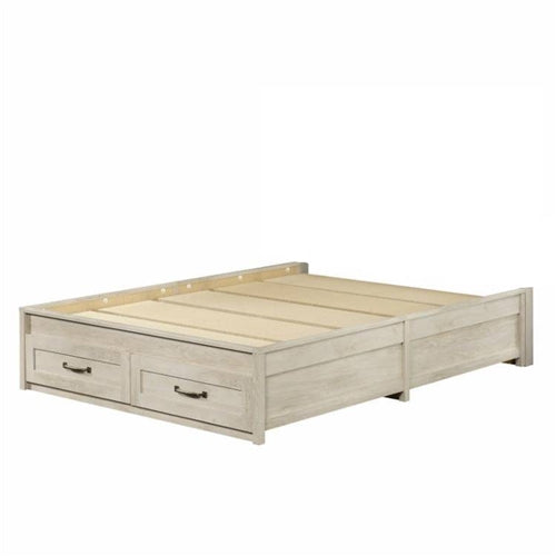 Queen Farmhome Platform Bed with Storage Drawers in Off-White Wood Finish