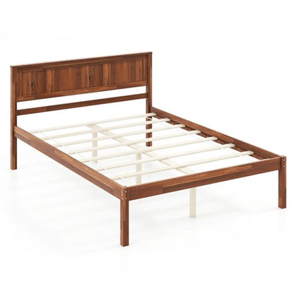 Retro Wood Platform Bed Frame with Headboard in Walnut