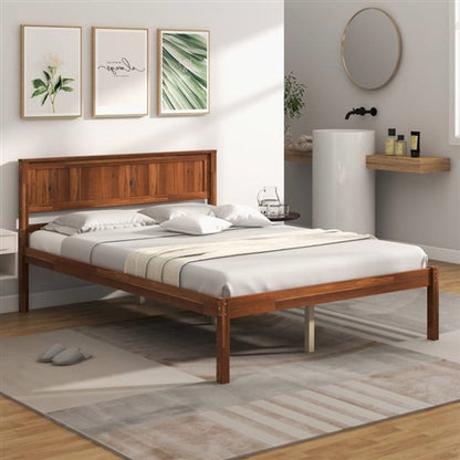 Retro Wood Platform Bed Frame with Headboard in Walnut