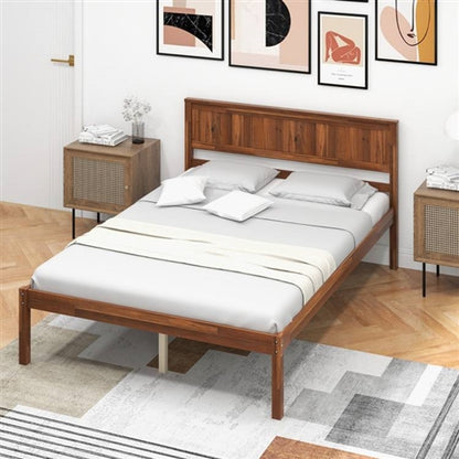 Retro Wood Platform Bed Frame with Headboard in Walnut