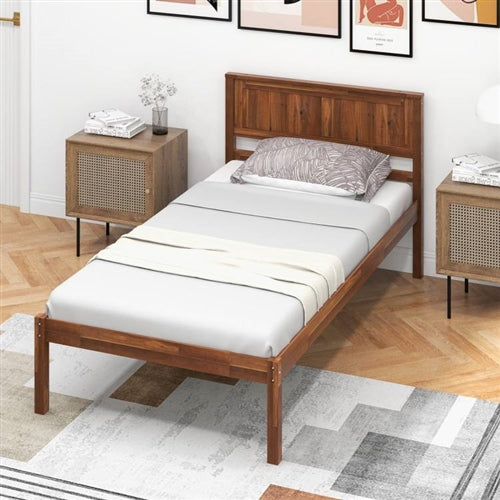 Retro Wood Platform Bed Frame with Headboard in Walnut