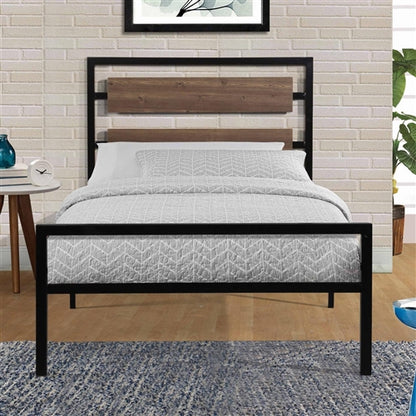 Industrial Metal Platform Bed Frame with Wood Panel Headboard