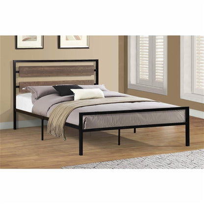 Industrial Metal Platform Bed Frame with Wood Panel Headboard