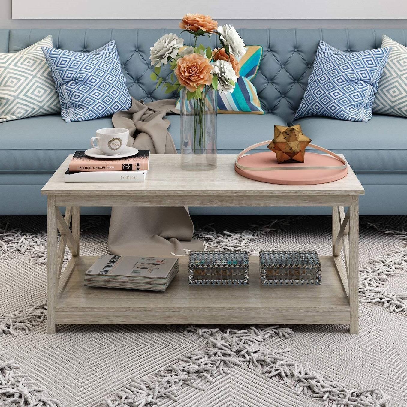 Contemporary Farmhouse Coffee Table in Rustic White Oak Wood Finish