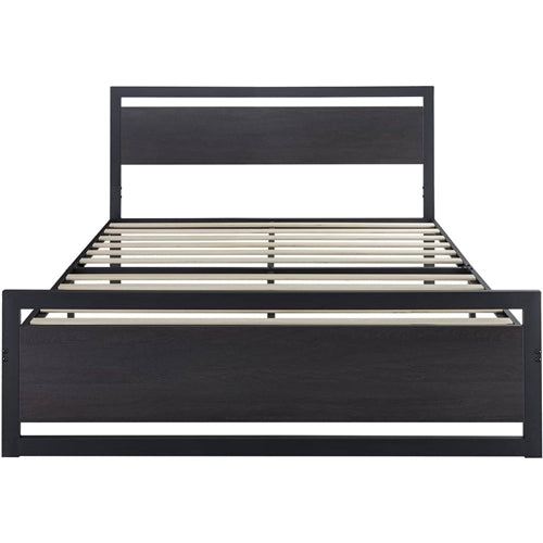 Black Metal Platform Bed Frame with Wood Panel Headboard and Footboard