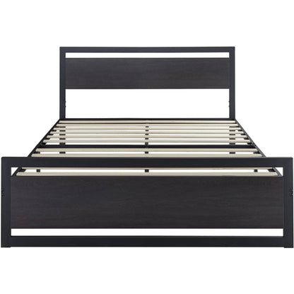 Black Metal Platform Bed Frame with Wood Panel Headboard and Footboard