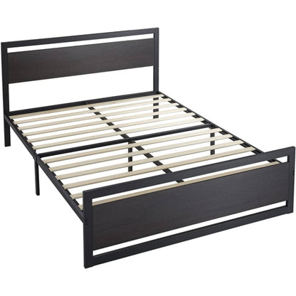 Black Metal Platform Bed Frame with Wood Panel Headboard and Footboard