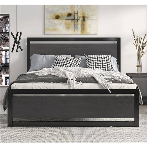 Black Metal Platform Bed Frame with Wood Panel Headboard and Footboard