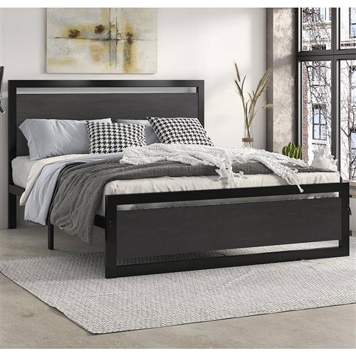 Black Metal Platform Bed Frame with Wood Panel Headboard and Footboard