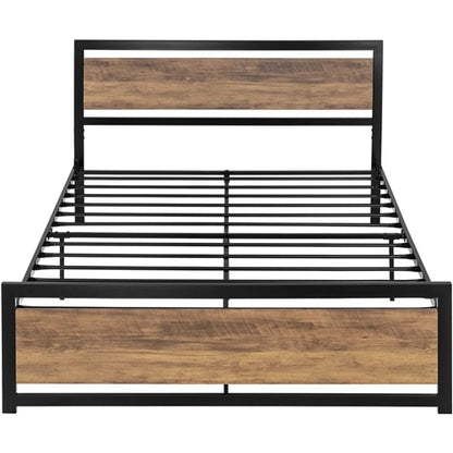 Metal Platform Bed Frame with Brown Wood Panel Headboard and Footboard