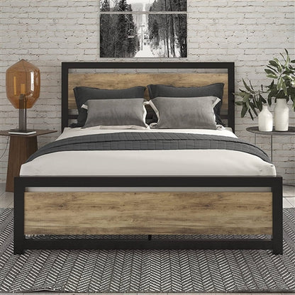 Metal Platform Bed Frame with Brown Wood Panel Headboard and Footboard