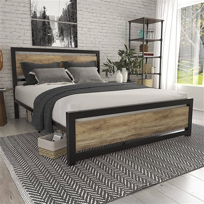 Metal Platform Bed Frame with Brown Wood Panel Headboard and Footboard