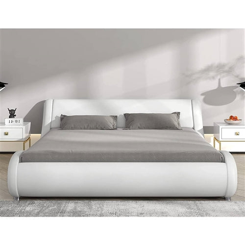 Modern White Faux Leather Upholstered Platform Bed Frame with Headboard