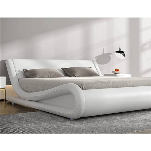 Modern White Faux Leather Upholstered Platform Bed Frame with Headboard