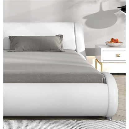 Modern White Faux Leather Upholstered Platform Bed Frame with Headboard