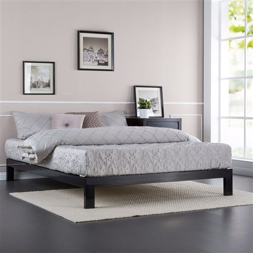 Modern Black Metal Platform Bed Frame with Wooden Slats