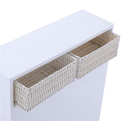 White Bathroom Storage Floor Cabinet with Baskets and Casters