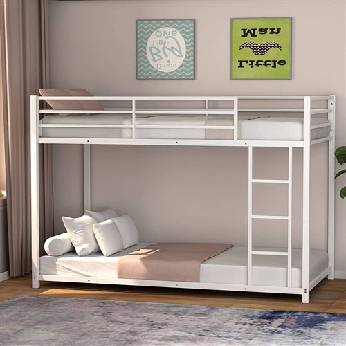 Twin over Twin Low Profile Modern Bunk Bed Frame in White Metal Finish