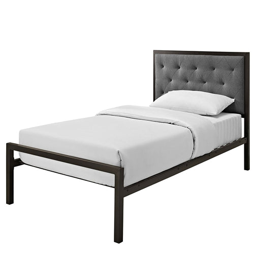 Metal Platform Bed with Gray Fabric Button Tufted Upholstered Headboard