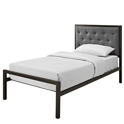 Metal Platform Bed with Gray Fabric Button Tufted Upholstered Headboard