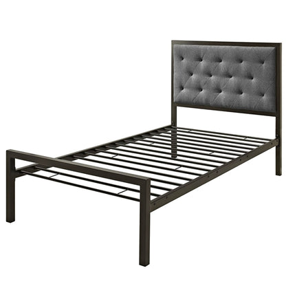 Metal Platform Bed with Gray Fabric Button Tufted Upholstered Headboard