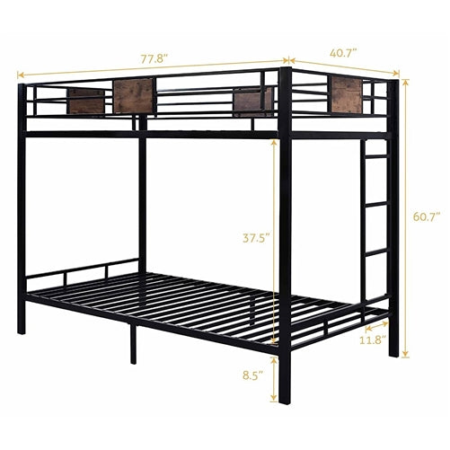 Twin over Twin Heavy Duty Metal Bunk Bed in Black with Side Ladder