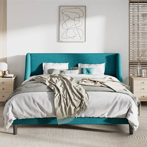 Upholstered Linen Blend Headboard Wingback Platform Bed in Turquoise