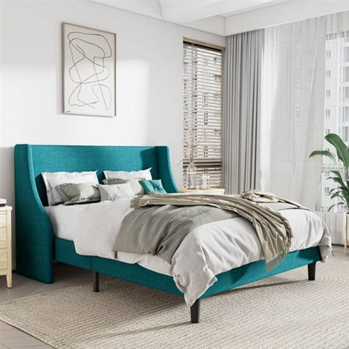 Upholstered Linen Blend Headboard Wingback Platform Bed in Turquoise