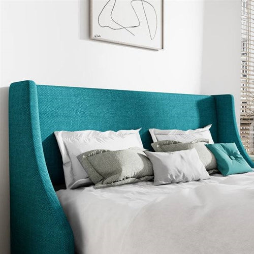 Upholstered Linen Blend Headboard Wingback Platform Bed in Turquoise