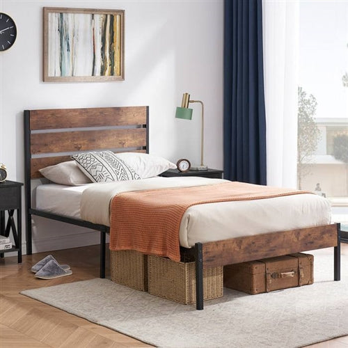 Brown Rustic Industrial Platform Bed Frame Wood Slatted Headboard and Footboard