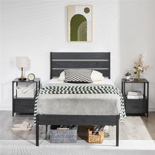 Black Rustic Industrial Platform Bed Frame Wood Slatted Headboard and Footboard