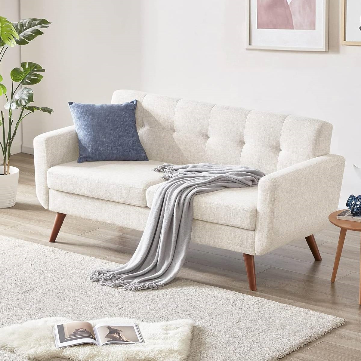 Modern Mid-Century Beige Cotton Polyester Upholstered Sofa Loveseat