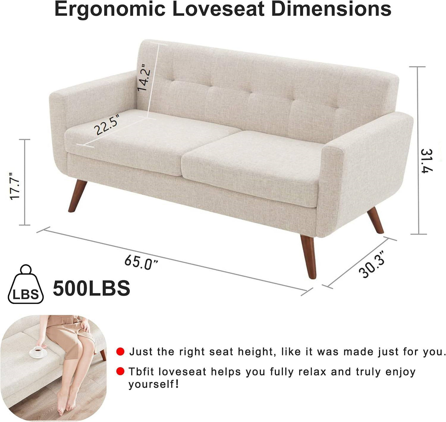 Modern Mid-Century Beige Cotton Polyester Upholstered Sofa Loveseat