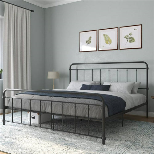 King Size Vintage Black Metal Platform Bed Frame with Headboard and Footboard