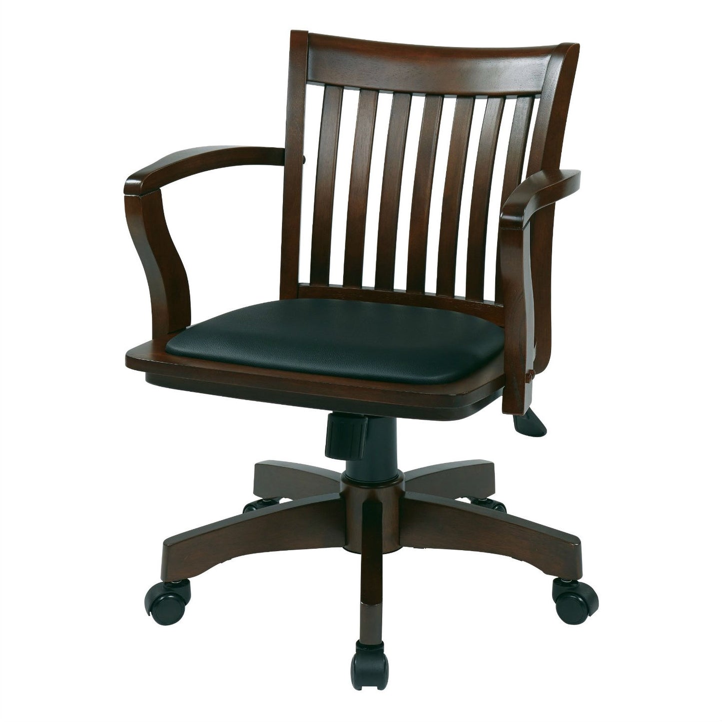 Espresso Bankers Chair with Black Vinyl Padded Seat and Wood Arms