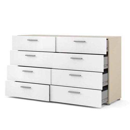 White Modern Bedroom 8-Drawer Double Dresser with Oak Finish Sides and Top