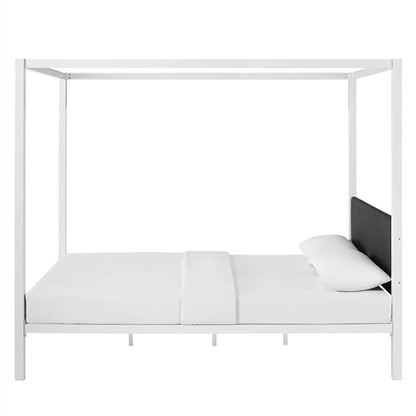 Queen size White Metal Canopy Bed Frame with Grey Fabric Upholstered Headboard