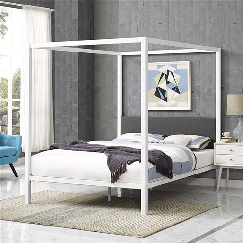 Queen size White Metal Canopy Bed Frame with Grey Fabric Upholstered Headboard