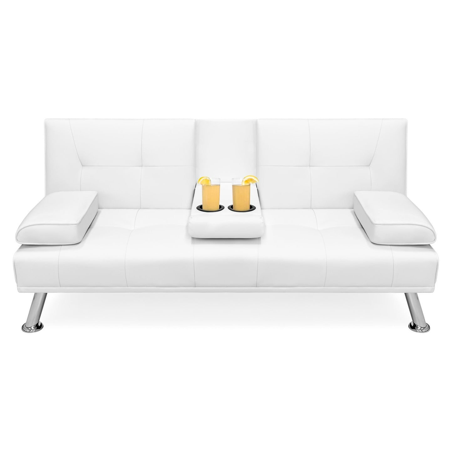 White Faux Leather Convertible Sofa Futon with 2 Cup Holders