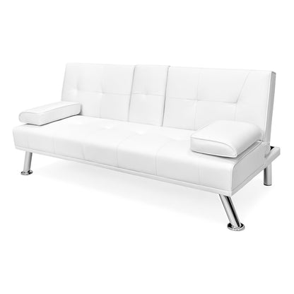 White Faux Leather Convertible Sofa Futon with 2 Cup Holders