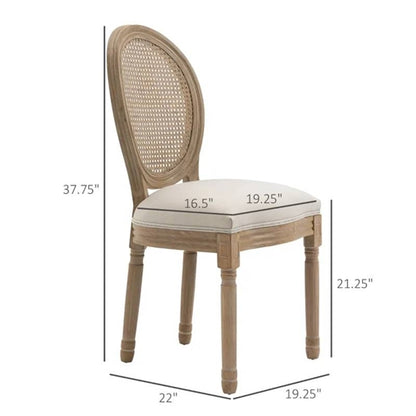 Set of 2 Vintage Upholstered Armless Rattan Back Dining Chairs Beige White