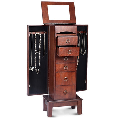 Medium Brown Wood Jewelry Armoire Storage Chest Cabinet with Mirror